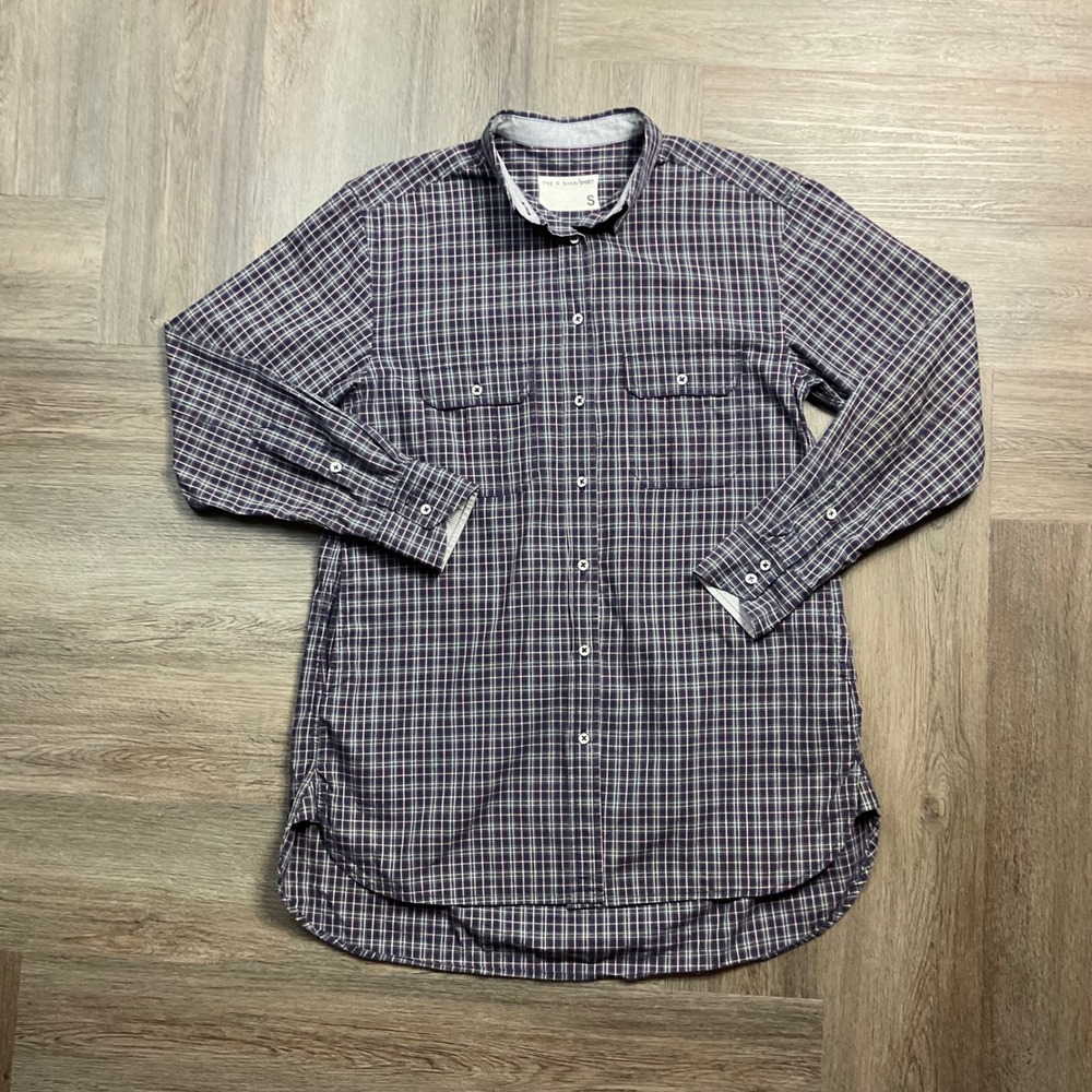 Rag & Bone Plaid Button Down Long Sleeve Pocket Tunic Shirt Women's Small Navy